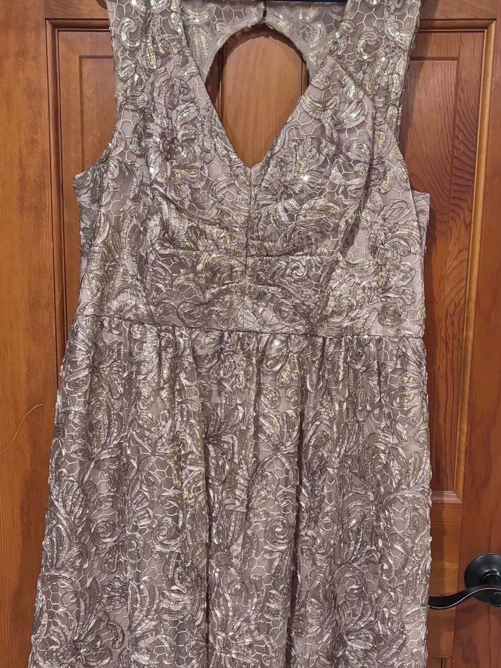 Metallic Taupe Lace Keyhole Fit-and-Flare Dress